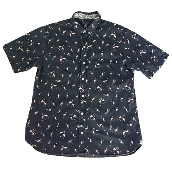 Van Heusen DarkGray Flamingo Print Short Sleeve Button Up Shirt Sz Large 16-16.5 - Picture 1 of 10